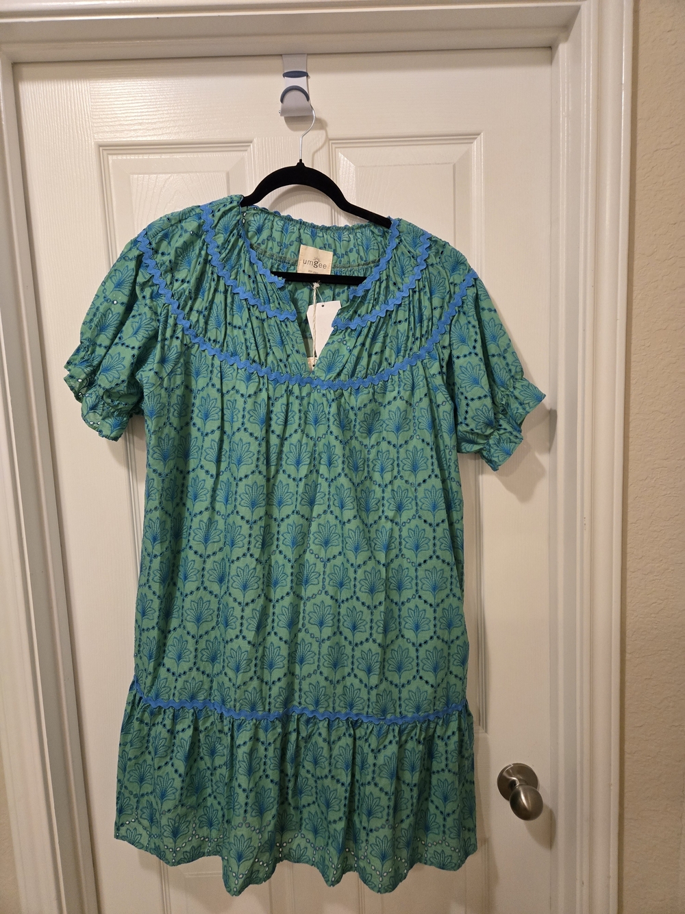 Umgee Teal Green Short Sleeve Printed Mini Dress - Picture 2 of 10